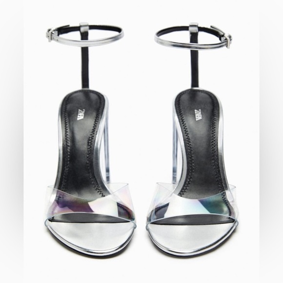 NWT. Zara Silver Vinyl Block Heel Sandals. Size 8. - Picture 6 of 9